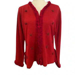 April Cornell Womens Red Wool Cardigan Sweater Size L Rose Buds Velvet Holiday
